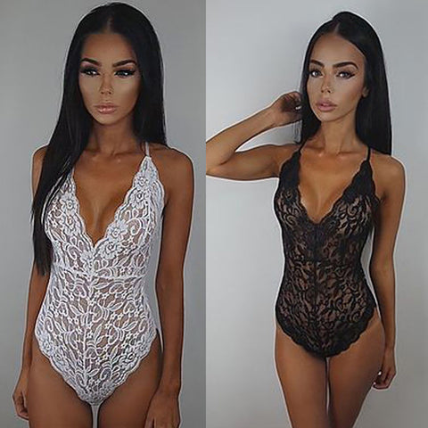 Women's Sexy See Through Lace Deep V Neck Bodysuit Nightwear Underwear Sleepwear - RELEVAZA