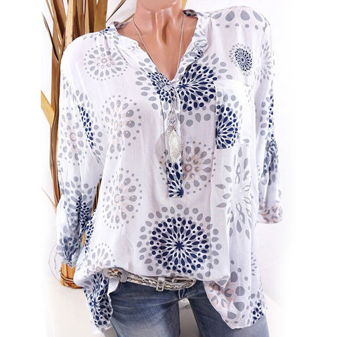 Fashion Printed V-neck Long Sleeve Casual Loose Spring Summer Women Blouse Top - RELEVAZA