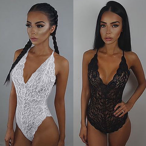 Women's Sexy See Through Lace Deep V Neck Bodysuit Nightwear Underwear Sleepwear - RELEVAZA