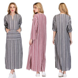 Women Summer Front Pocket Kaftan Stripe Long Sleeve Plus Size Long Maxi Dress - RELEVAZA
