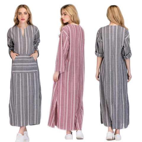 Women Summer Front Pocket Kaftan Stripe Long Sleeve Plus Size Long Maxi Dress - RELEVAZA