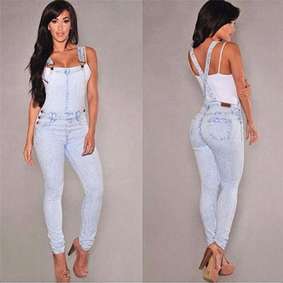 Women Washed Jeans Denim Casual Hole Loose Jumpsuit Romper Overall Bib Pants - RELEVAZA