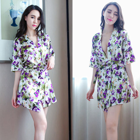 Imitation silk lady peacock flower bathrobe home service sexy lingerie - RELEVAZA