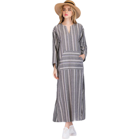 Women Summer Front Pocket Kaftan Stripe Long Sleeve Plus Size Long Maxi Dress - RELEVAZA