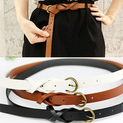 Women's Vintage Simple Thin Waist Belt Metal Buckle Skinny Faux Leather Belt - RELEVAZA