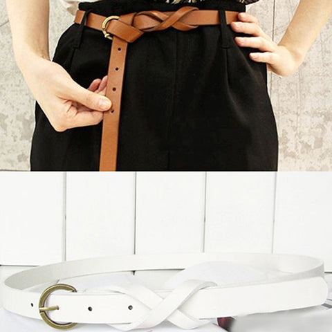 Women's Vintage Simple Thin Waist Belt Metal Buckle Skinny Faux Leather Belt - RELEVAZA