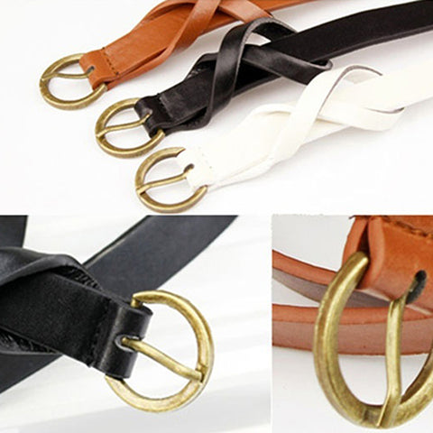 Women's Vintage Simple Thin Waist Belt Metal Buckle Skinny Faux Leather Belt - RELEVAZA