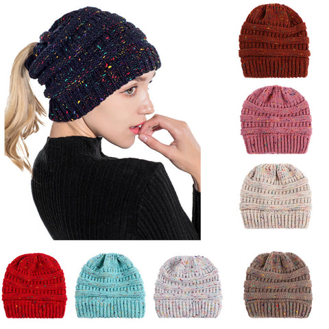 Fashion Colorful Lines Women Knitting Bun Ponytail Holder Hat Warm Beanie Cap - RELEVAZA