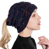 Fashion Colorful Lines Women Knitting Bun Ponytail Holder Hat Warm Beanie Cap - RELEVAZA