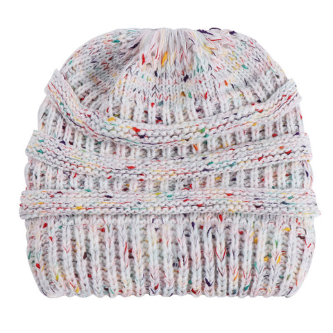 Fashion Colorful Lines Women Knitting Bun Ponytail Holder Hat Warm Beanie Cap - RELEVAZA