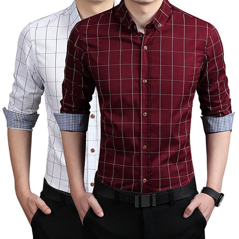 Men's Casual Plaid Long Sleeve Button Down Collar Cotton Slim Fit Business Shirt - RELEVAZA