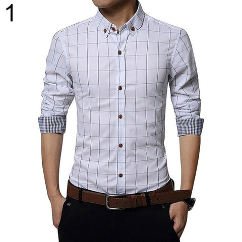 Men's Casual Plaid Long Sleeve Button Down Collar Cotton Slim Fit Business Shirt - RELEVAZA