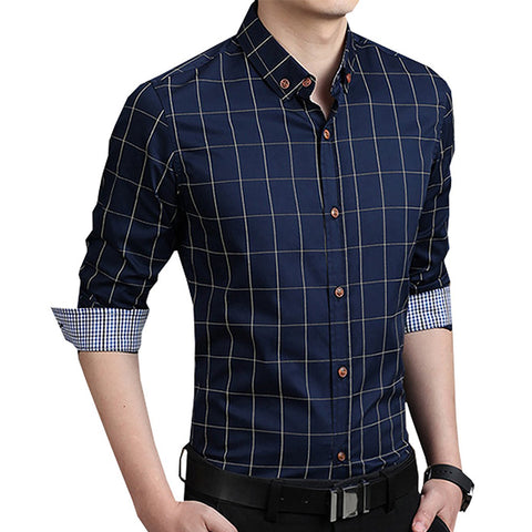 Men's Casual Plaid Long Sleeve Button Down Collar Cotton Slim Fit Business Shirt - RELEVAZA