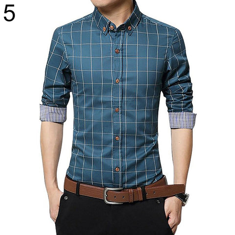 Men's Casual Plaid Long Sleeve Button Down Collar Cotton Slim Fit Business Shirt - RELEVAZA