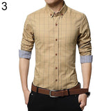 Men's Casual Plaid Long Sleeve Button Down Collar Cotton Slim Fit Business Shirt - RELEVAZA