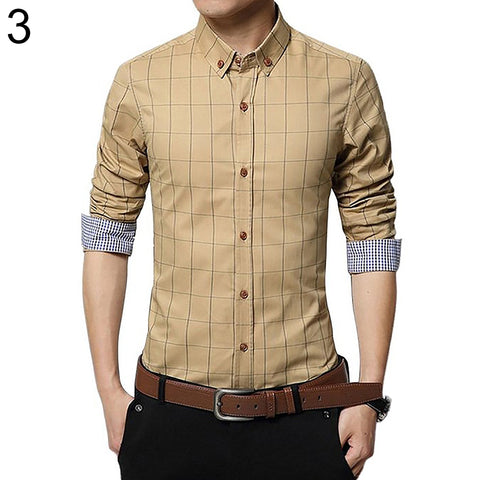 Men's Casual Plaid Long Sleeve Button Down Collar Cotton Slim Fit Business Shirt - RELEVAZA