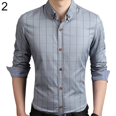 Men's Casual Plaid Long Sleeve Button Down Collar Cotton Slim Fit Business Shirt - RELEVAZA