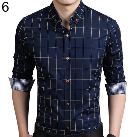 Men's Casual Plaid Long Sleeve Button Down Collar Cotton Slim Fit Business Shirt - RELEVAZA