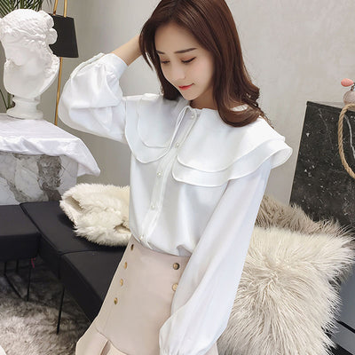 Sweet lotus leaf collar chiffon solid color top loose design - RELEVAZA