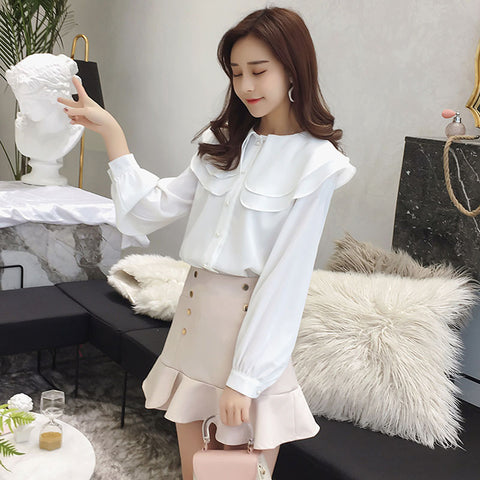 Sweet lotus leaf collar chiffon solid color top loose design - RELEVAZA