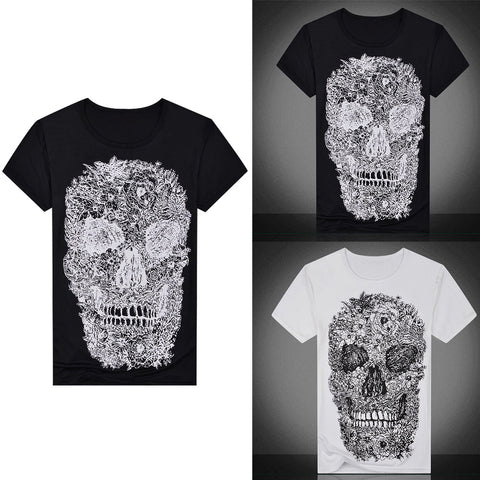 Punk Summer Men Tee Skull Head Print Crew Neck Short Sleeve T-Shirt Casual Top - RELEVAZA