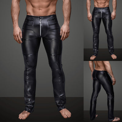 Night Club Sexy Men's Striped Faux Leather Zipper Skinny Long Pants Trousers - RELEVAZA