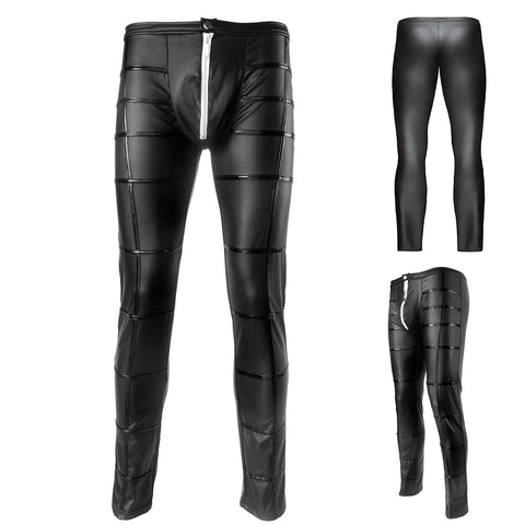 Night Club Sexy Men's Striped Faux Leather Zipper Skinny Long Pants Trousers - RELEVAZA