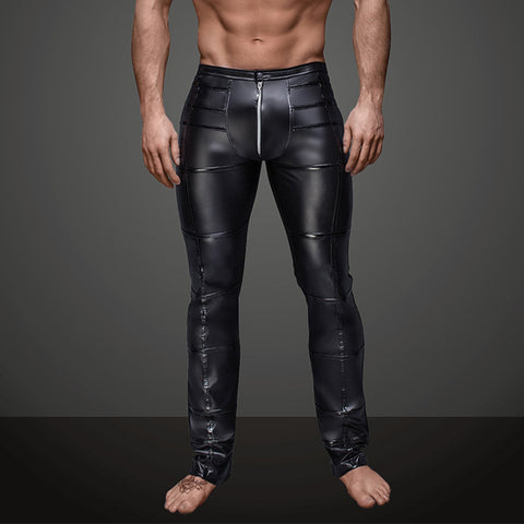Night Club Sexy Men's Striped Faux Leather Zipper Skinny Long Pants Trousers - RELEVAZA