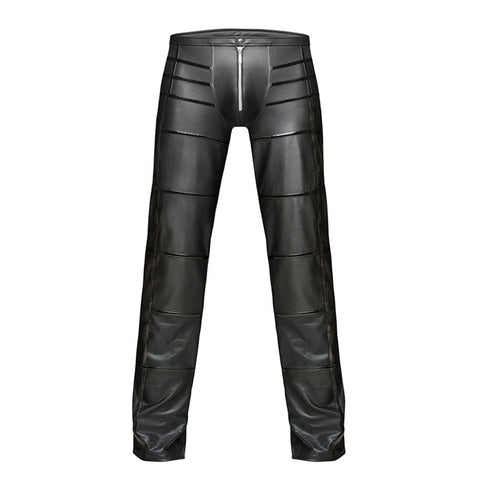 Night Club Sexy Men's Striped Faux Leather Zipper Skinny Long Pants Trousers - RELEVAZA