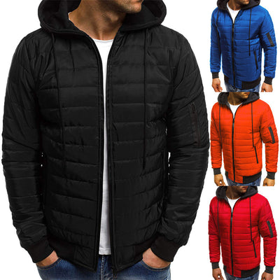 Plus Size Winter Men Color Block Hooded Long Sleeve Zip Up Padded Jacket Coat - RELEVAZA