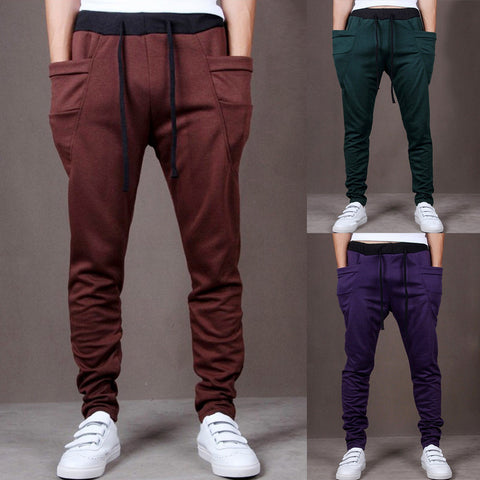 Sports Men Joggers Harem Pants Pockets Sweatpants Drawstring Waist Long Trousers - RELEVAZA