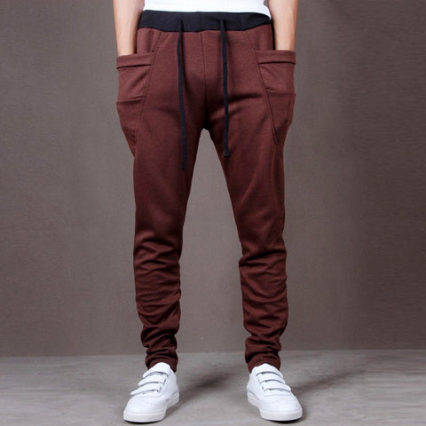 Sports Men Joggers Harem Pants Pockets Sweatpants Drawstring Waist Long Trousers - RELEVAZA