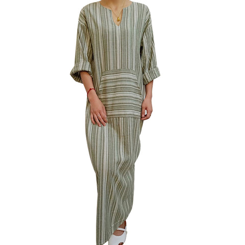 Women Summer Front Pocket Kaftan Stripe Long Sleeve Plus Size Long Maxi Dress - RELEVAZA