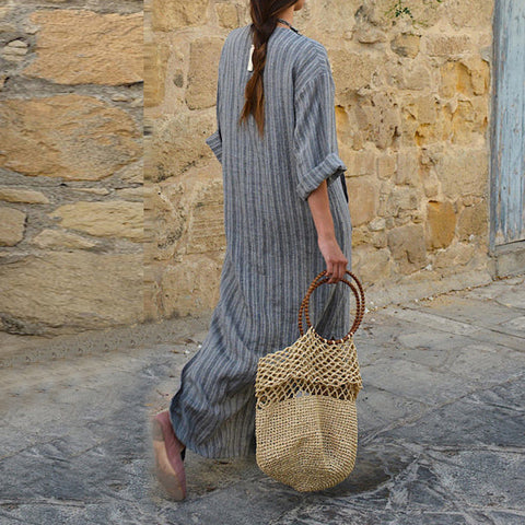 Women Summer Front Pocket Kaftan Stripe Long Sleeve Plus Size Long Maxi Dress - RELEVAZA
