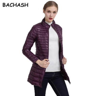 Spring Warm New Women Long Thin Down Jacket Slim Korean Stand Collar White Duck Down Zipper Long Coat S-4XL 8 Colors - RELEVAZA