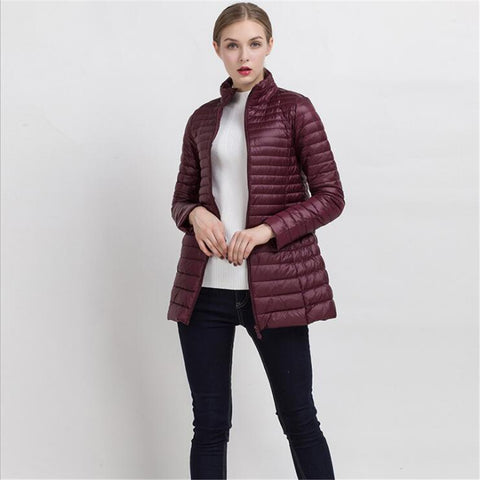 Spring Warm New Women Long Thin Down Jacket Slim Korean Stand Collar White Duck Down Zipper Long Coat S-4XL 8 Colors - RELEVAZA