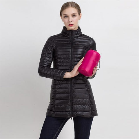 Spring Warm New Women Long Thin Down Jacket Slim Korean Stand Collar White Duck Down Zipper Long Coat S-4XL 8 Colors - RELEVAZA