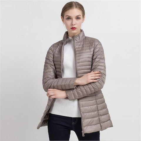 Spring Warm New Women Long Thin Down Jacket Slim Korean Stand Collar White Duck Down Zipper Long Coat S-4XL 8 Colors - RELEVAZA