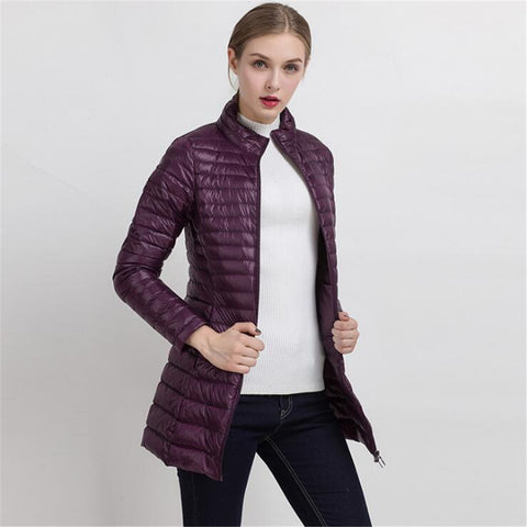 Spring Warm New Women Long Thin Down Jacket Slim Korean Stand Collar White Duck Down Zipper Long Coat S-4XL 8 Colors - RELEVAZA