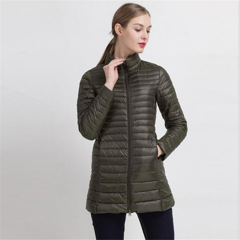 Spring Warm New Women Long Thin Down Jacket Slim Korean Stand Collar White Duck Down Zipper Long Coat S-4XL 8 Colors - RELEVAZA