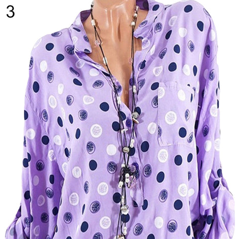 Leisure Dots Printed Loose Roll Up Sleeve Summer Women Blouse Breathable Shirt - RELEVAZA
