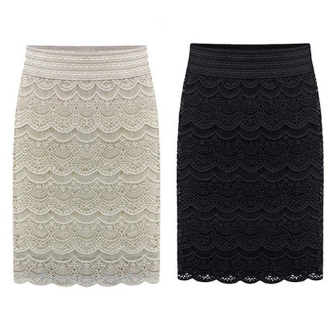 Women Sexy Bodycon Lace Crochet Floral Hollow Knee Length Skirt Office Work Wear - RELEVAZA