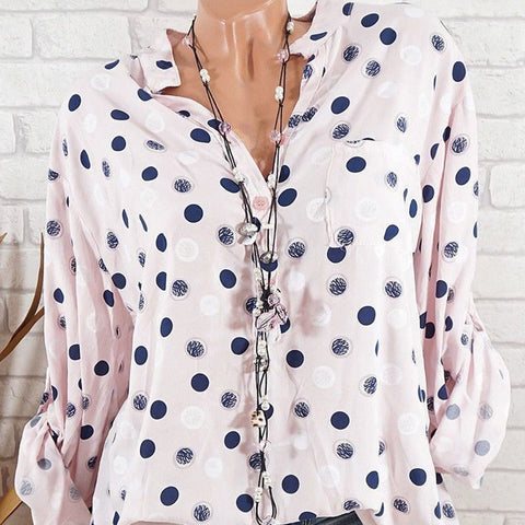 Leisure Dots Printed Loose Roll Up Sleeve Summer Women Blouse Breathable Shirt - RELEVAZA