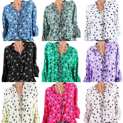 Leisure Dots Printed Loose Roll Up Sleeve Summer Women Blouse Breathable Shirt - RELEVAZA