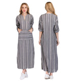 Women Summer Front Pocket Kaftan Stripe Long Sleeve Plus Size Long Maxi Dress - RELEVAZA