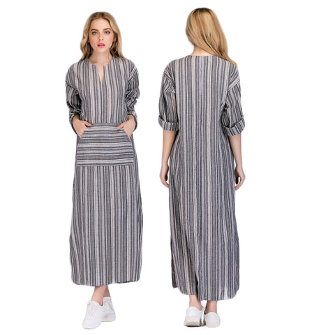 Women Summer Front Pocket Kaftan Stripe Long Sleeve Plus Size Long Maxi Dress - RELEVAZA