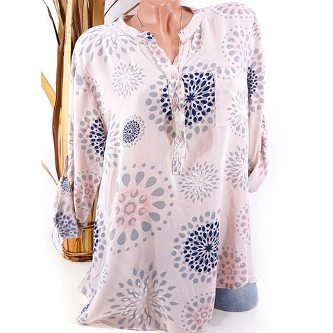 Fashion Printed V-neck Long Sleeve Casual Loose Spring Summer Women Blouse Top - RELEVAZA