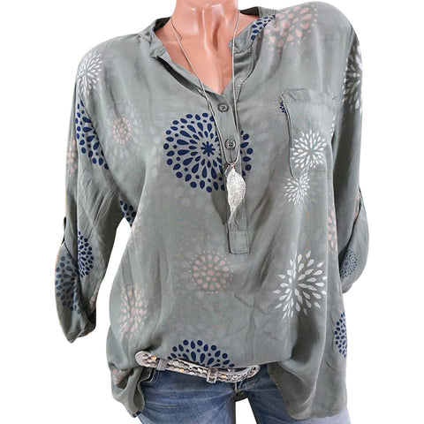 Fashion Printed V-neck Long Sleeve Casual Loose Spring Summer Women Blouse Top - RELEVAZA