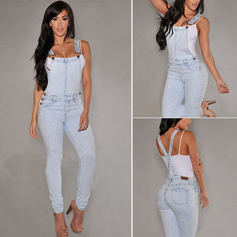 Women Washed Jeans Denim Casual Hole Loose Jumpsuit Romper Overall Bib Pants - RELEVAZA