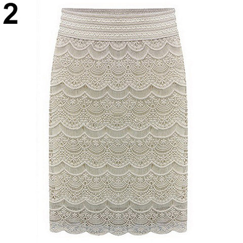 Women Sexy Bodycon Lace Crochet Floral Hollow Knee Length Skirt Office Work Wear - RELEVAZA